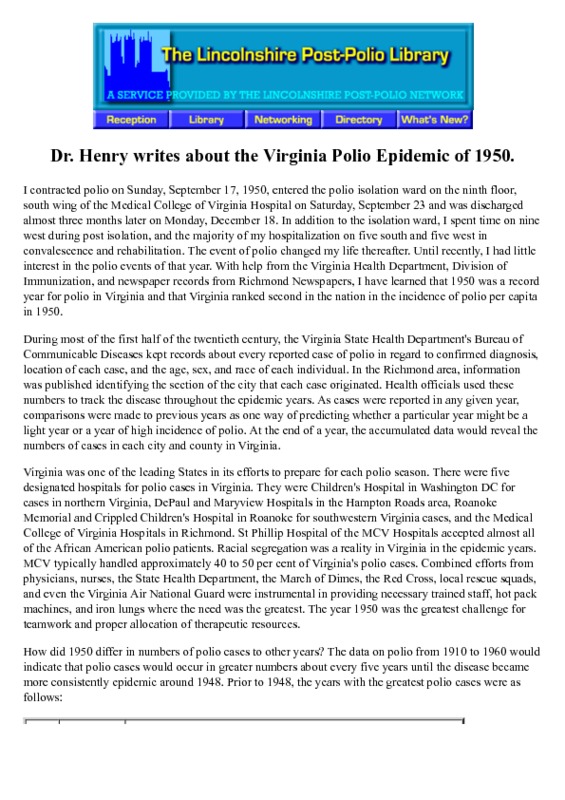 Dr. Henry writes about the Virginia Polio Epidemic of 1950.pdf